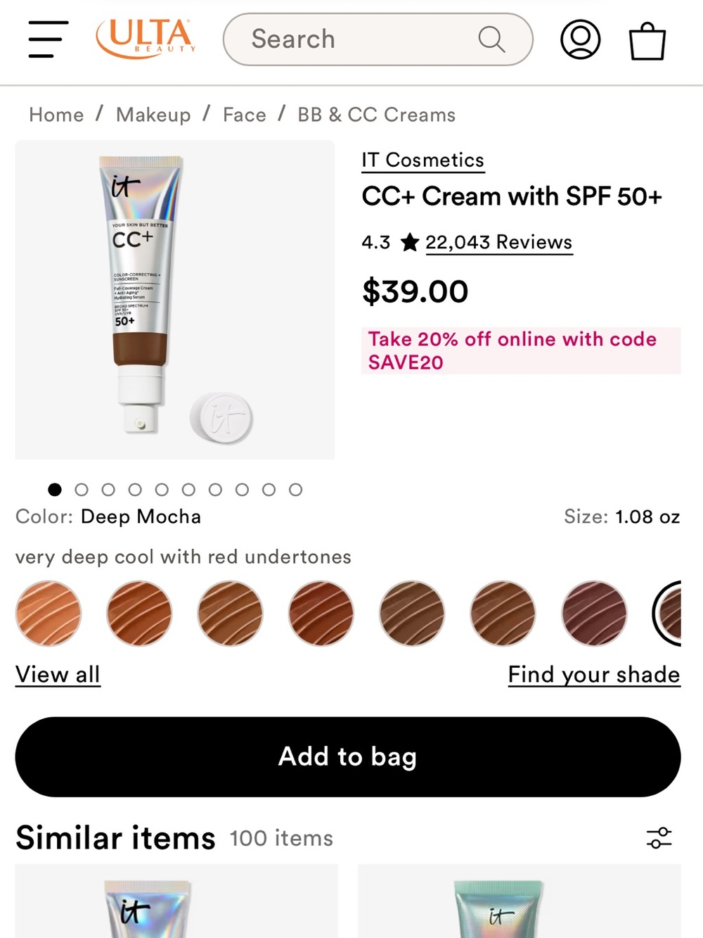 IT Cosmetics CC+ Cream with SPF 50+ Deep Shade Foundation - Deep Mocha |